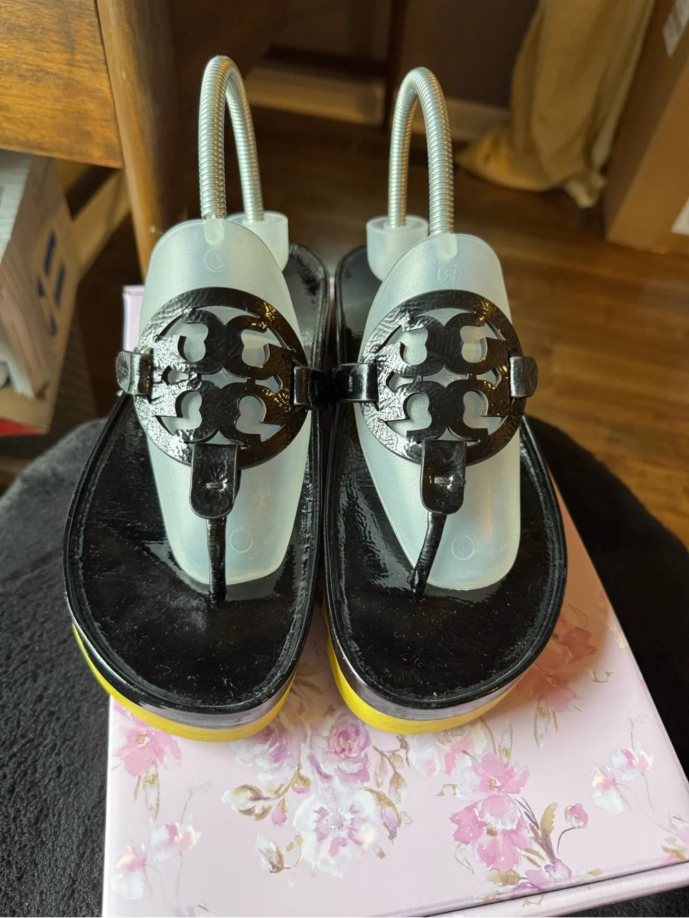 Tory Burch Miller Cloud Lug Sandal Black Patent Leather Logo Cutout platform